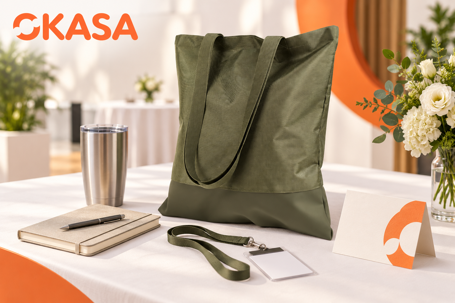OKASA custom tote arranged as a branded corporate event kit