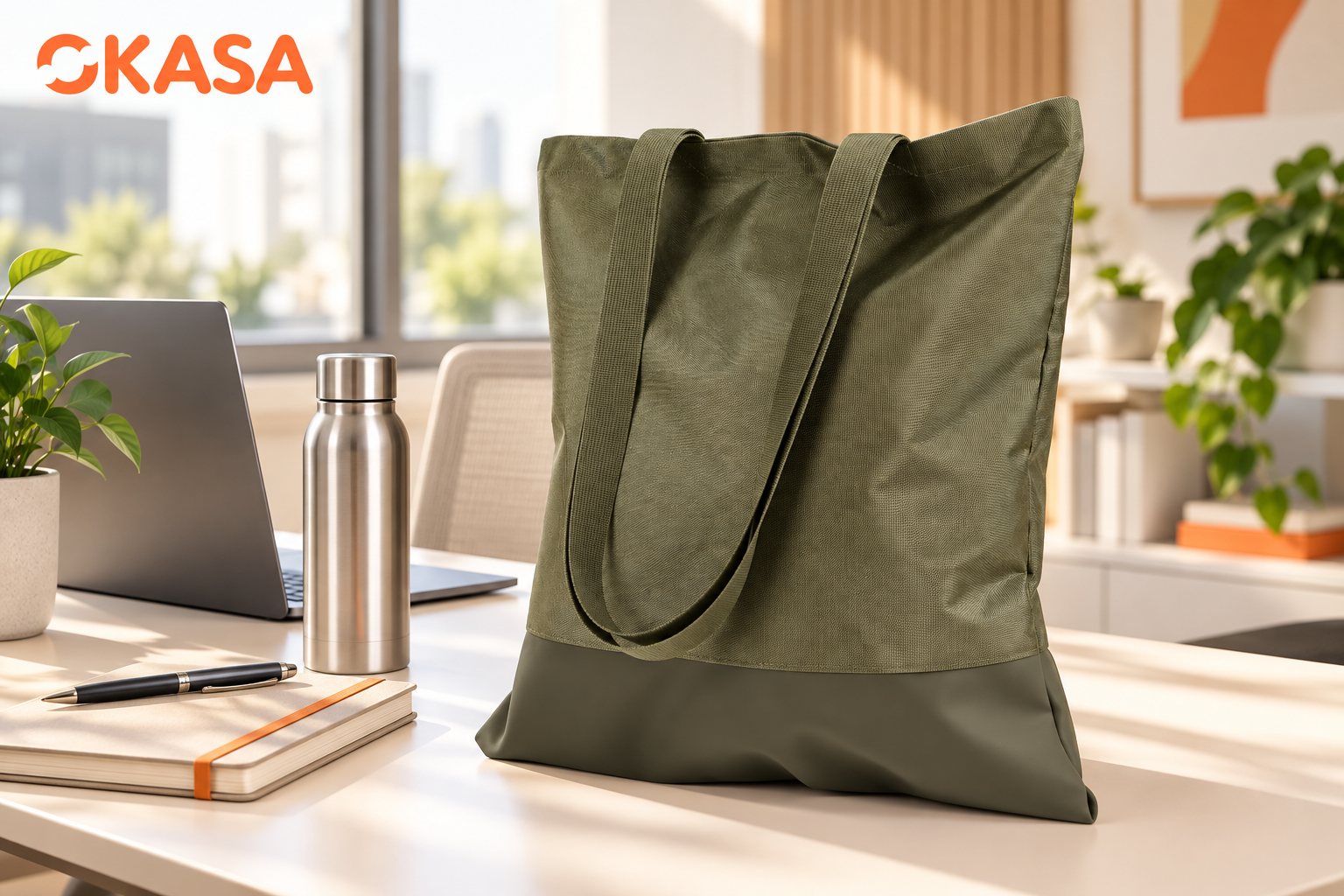 OKASA B108 nylon tote in a modern office commute scene