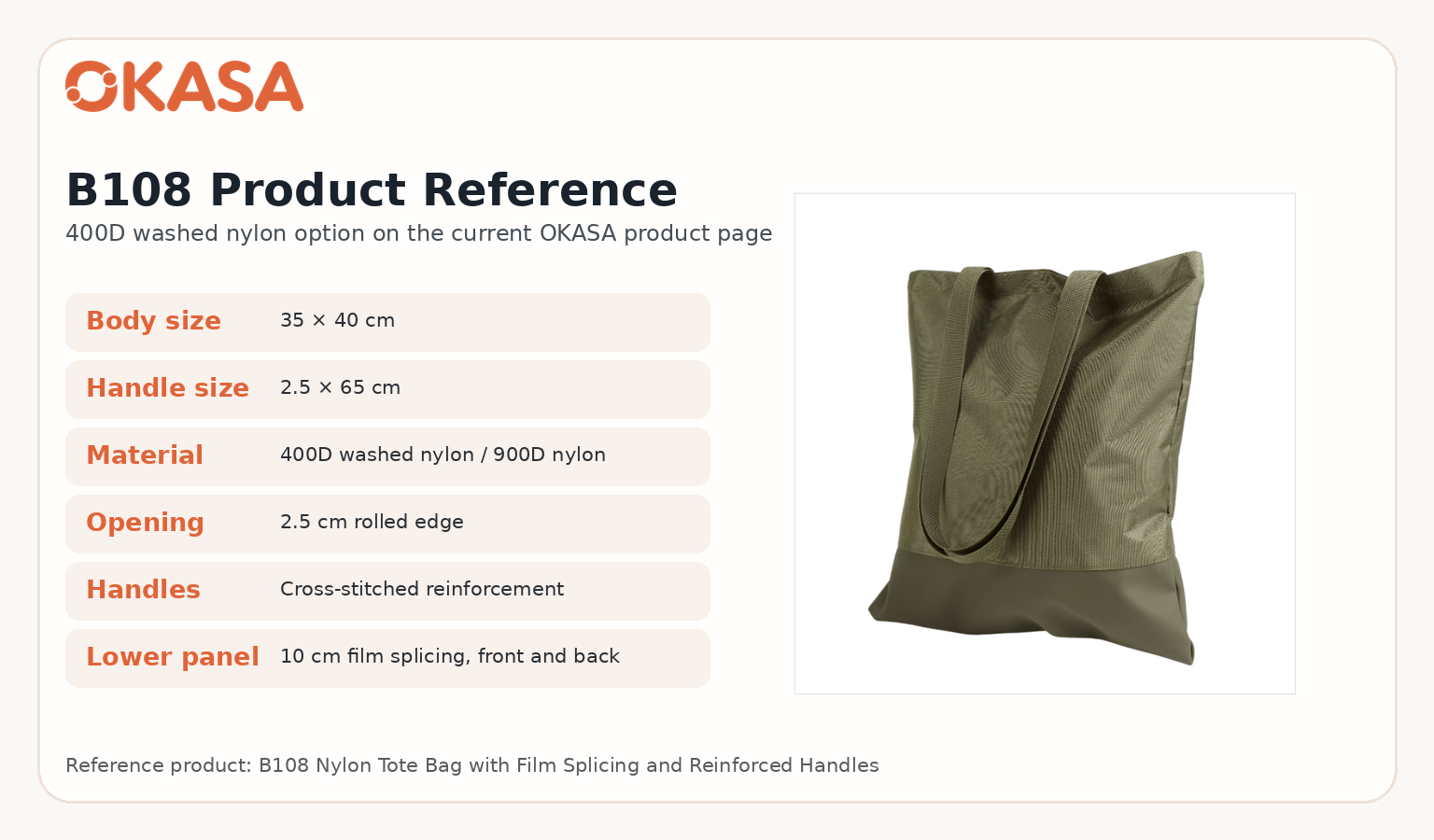 OKASA B108 400D washed nylon tote product reference