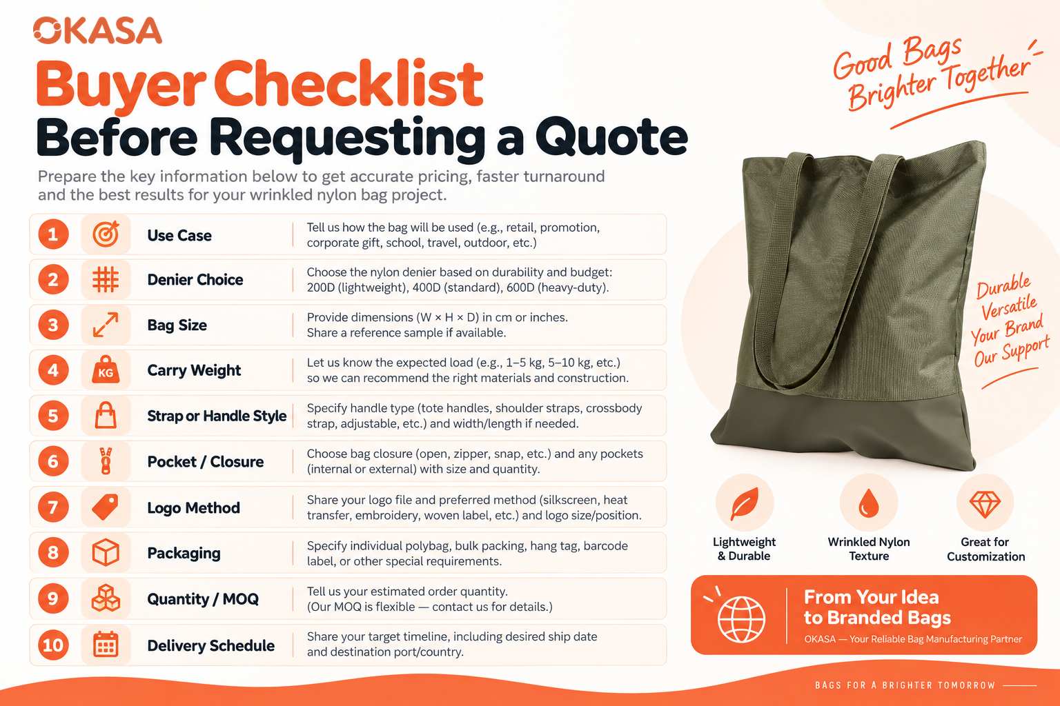 OKASA wrinkled nylon bag RFQ checklist for buyers