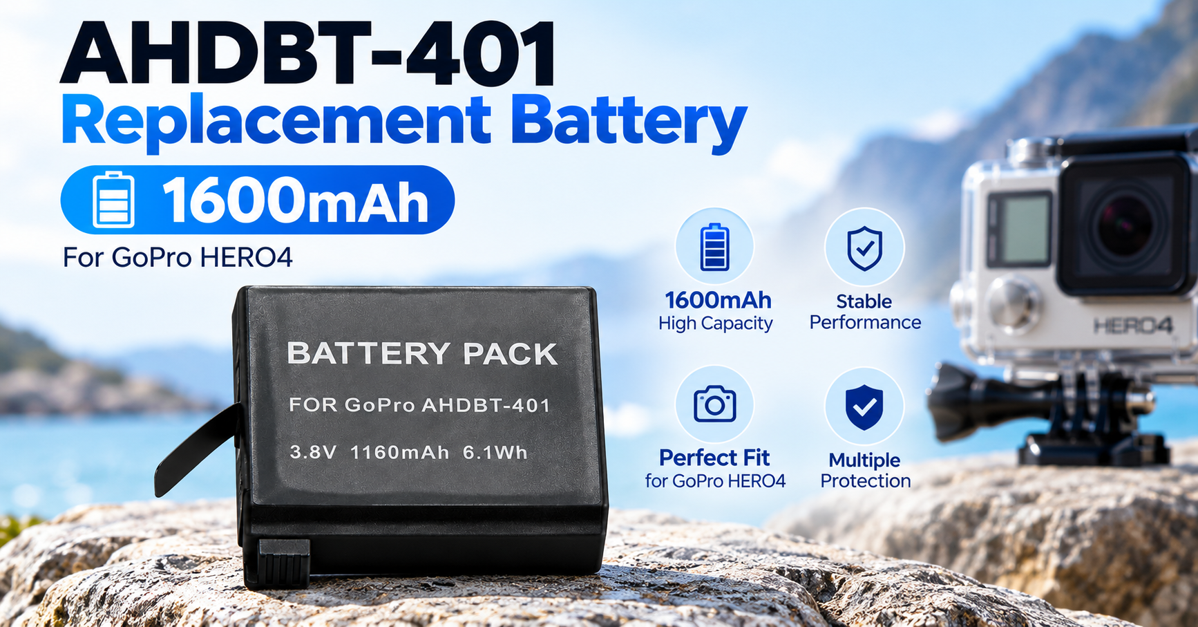 GoPro HERO4用バッテリーサプライヤー AHDBT-401 1600mAh 交換用リチウムバッテリー