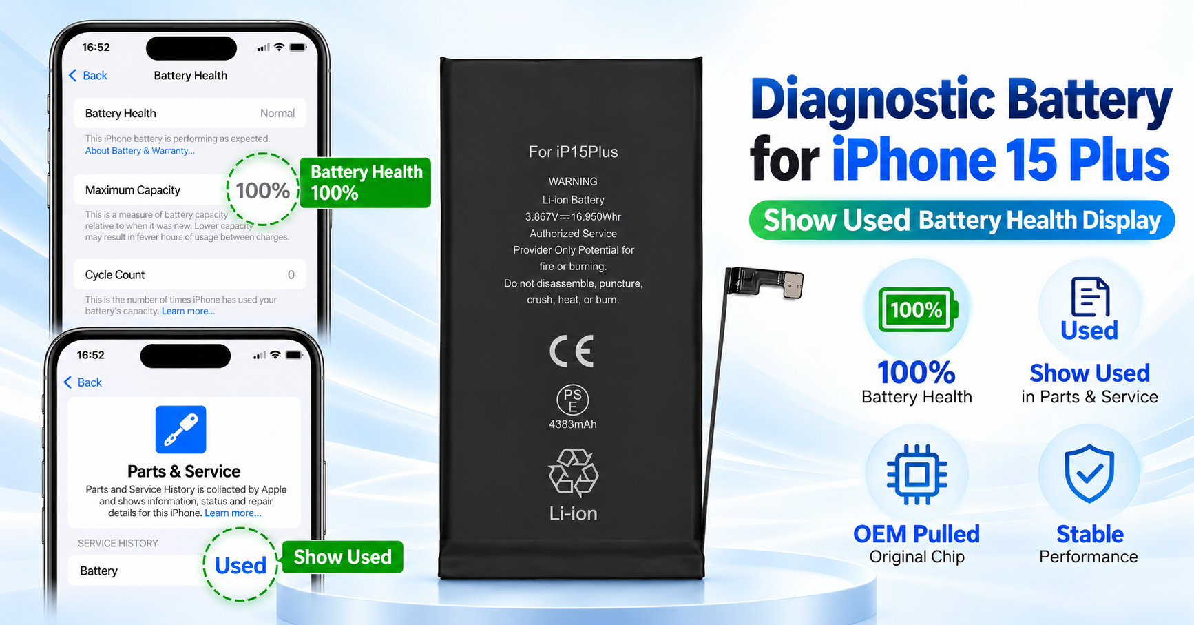 iPhone 15 Plus diagnostic battery Show Used with no pop up and 100% battery health display