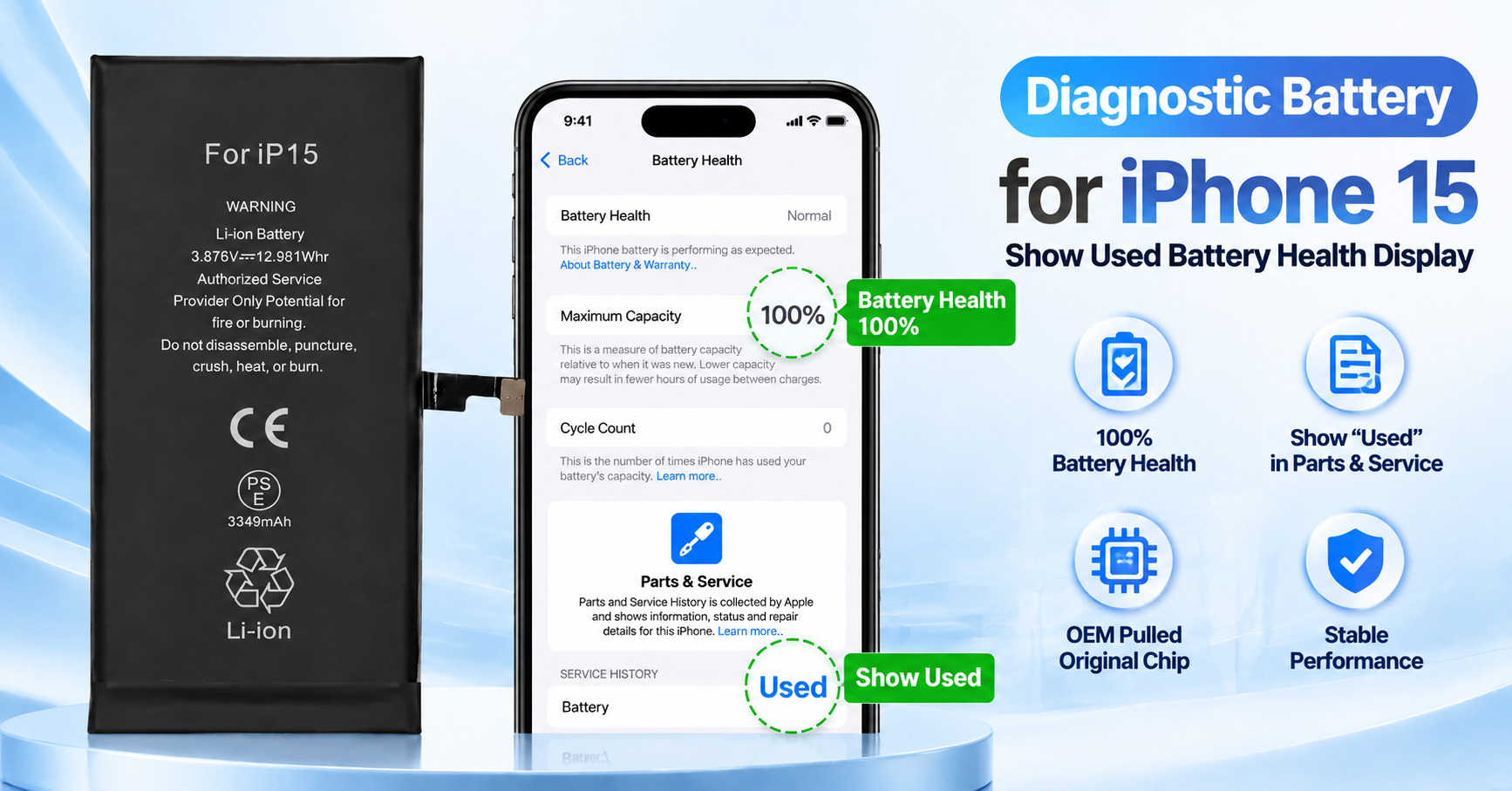 iPhone 15 diagnostic battery Show Used with no pop up and 100% battery health display