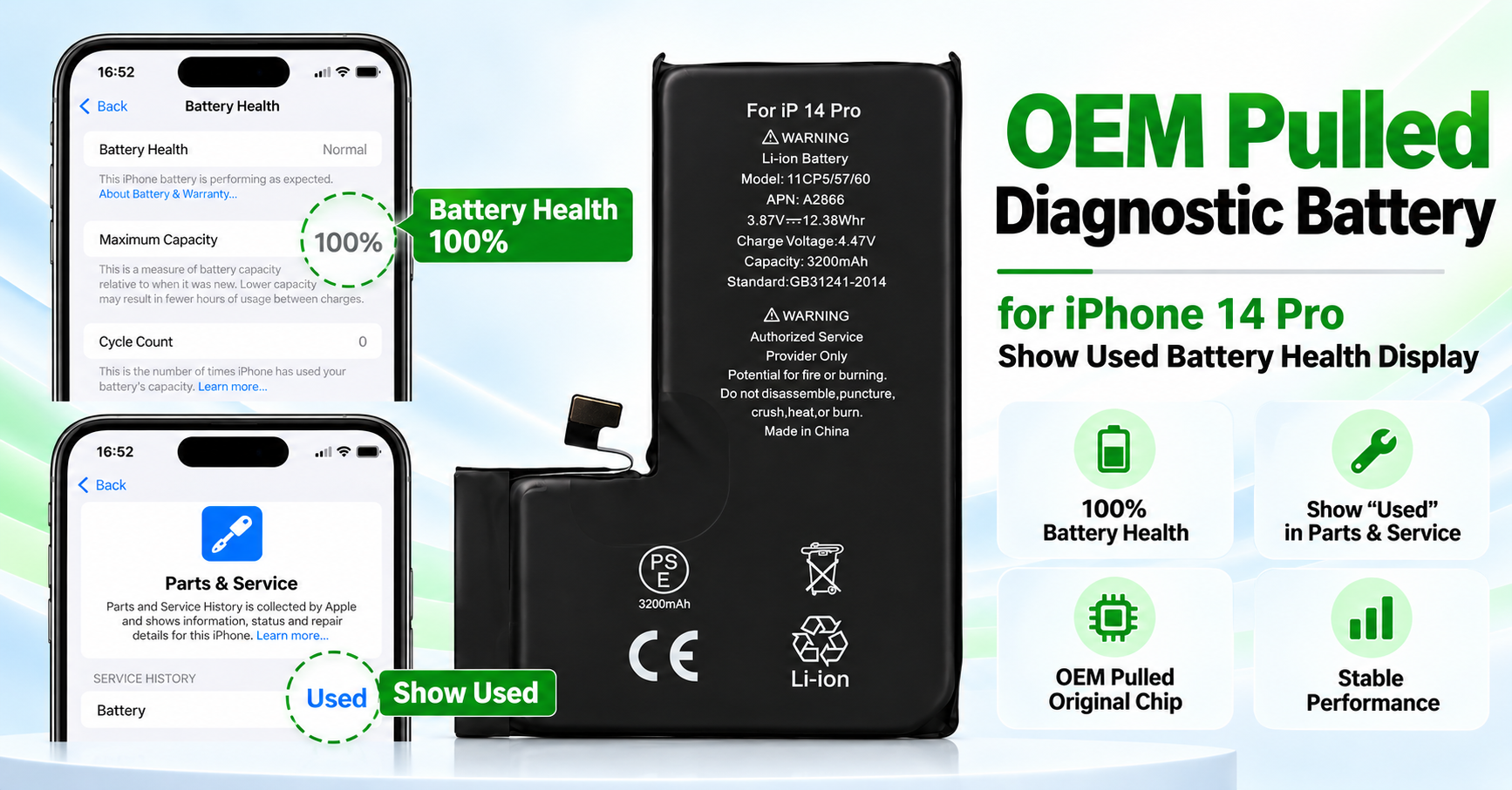 iPhone 14 Pro diagnostic battery Show Used with no pop up and 100% battery health display