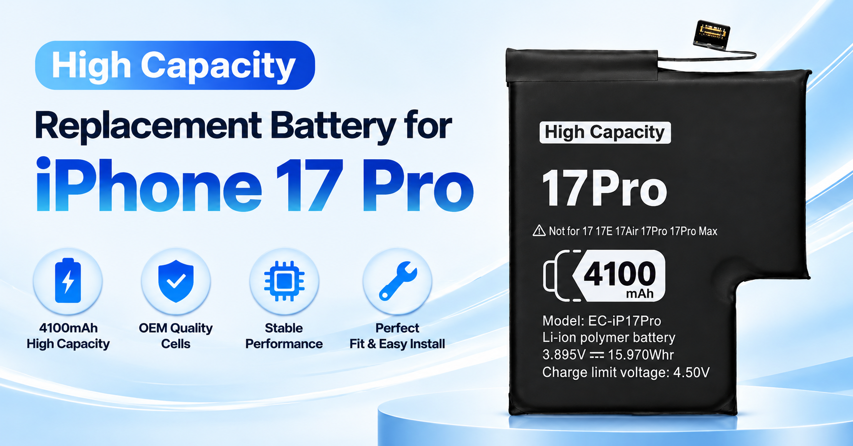 iPhone 17 Pro high capacity battery 4100mAh replacement battery for repair and wholesale